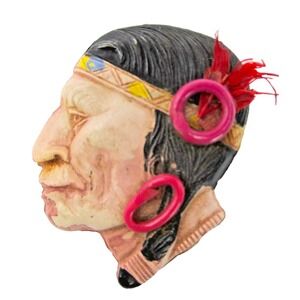 Indian Head Chief Early Plastic Vintage Brooch Pin Detailed Side Profile Native